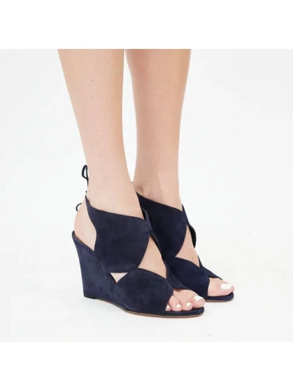* Aquazzura Iman Blue Suede Cutout Wedge Sandals Size 37.5